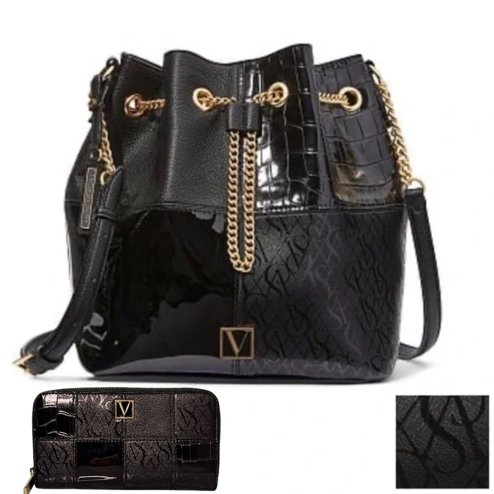 New no Tags Victorias Secret Bucket Bag Black Patchwork With Matching Wallet